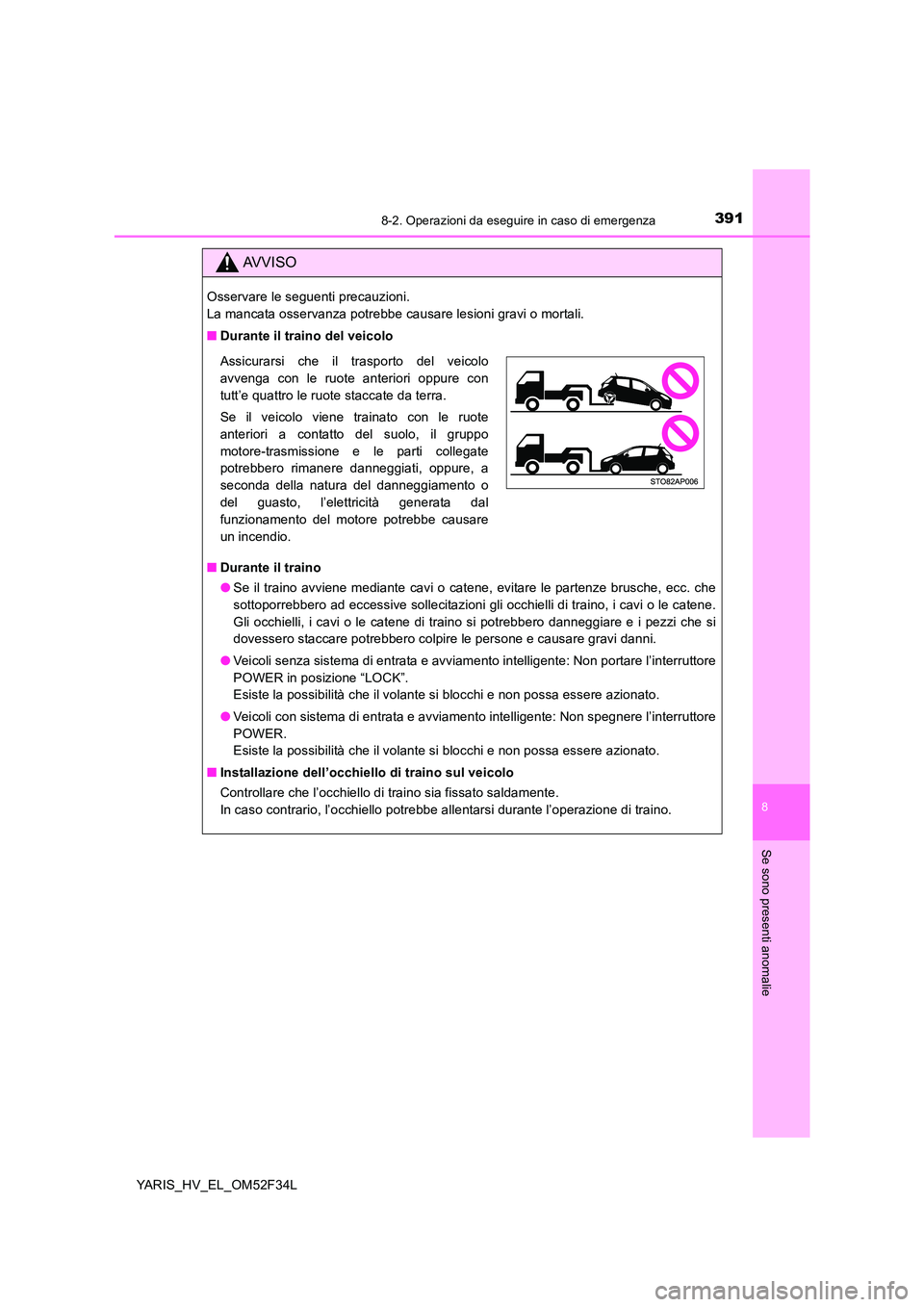 TOYOTA YARIS HYBRID 2015  Manuale duso (in Italian) 3918-2. Operazioni da eseguire in caso di emergenza
8
Se sono presenti anomalie
YARIS_HV_EL_OM52F34L
AVVISO
Osservare le seguenti precauzioni.  
La mancata osservanza potrebbe causare lesioni gravi o 