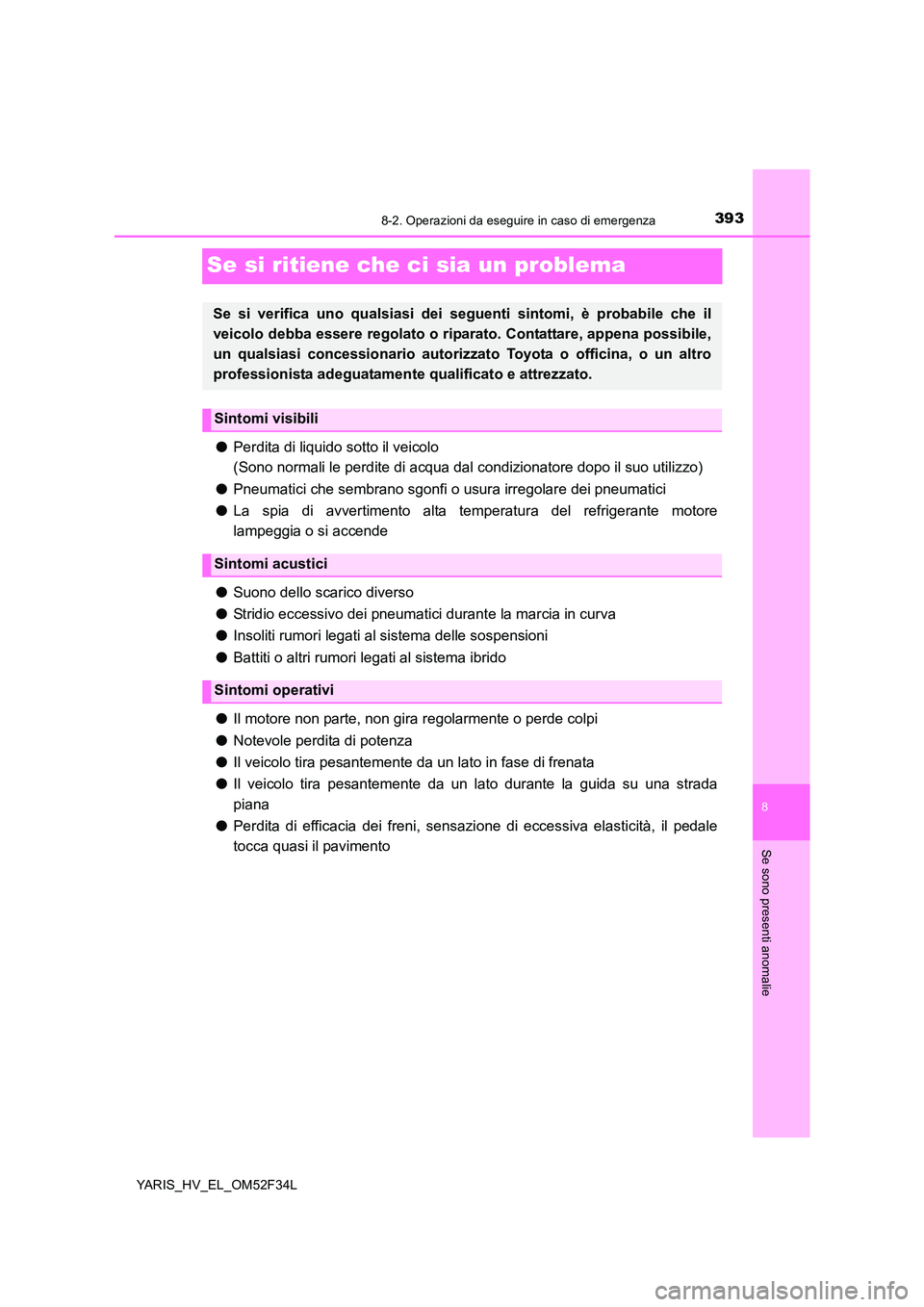 TOYOTA YARIS HYBRID 2015  Manuale duso (in Italian) 3938-2. Operazioni da eseguire in caso di emergenza
8
Se sono presenti anomalie
YARIS_HV_EL_OM52F34L
Se si ritiene che ci sia un problema
●Perdita di liquido sotto il veicolo  
(Sono normali le perd