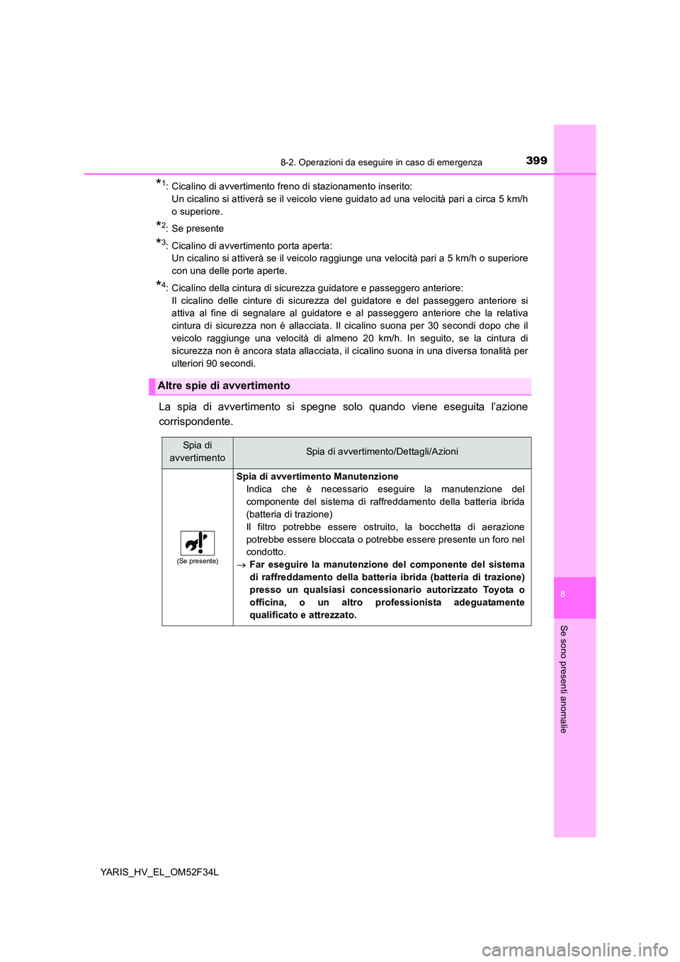 TOYOTA YARIS HYBRID 2015  Manuale duso (in Italian) 3998-2. Operazioni da eseguire in caso di emergenza
8
Se sono presenti anomalie
YARIS_HV_EL_OM52F34L
*1:  Cicalino di avvertimento freno di stazionamento inserito:  
Un cicalino si attiverà se il vei
