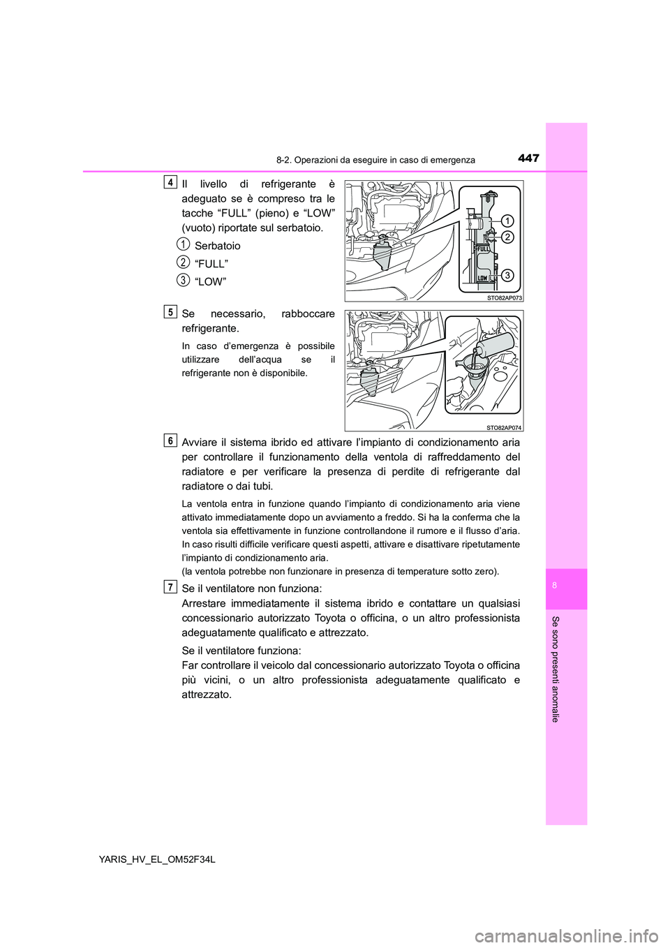 TOYOTA YARIS HYBRID 2015  Manuale duso (in Italian) 4478-2. Operazioni da eseguire in caso di emergenza
8
Se sono presenti anomalie
YARIS_HV_EL_OM52F34L
Il livello di refrigerante è 
adeguato se è compreso tra le 
tacche “FULL” (pieno) e “LOW