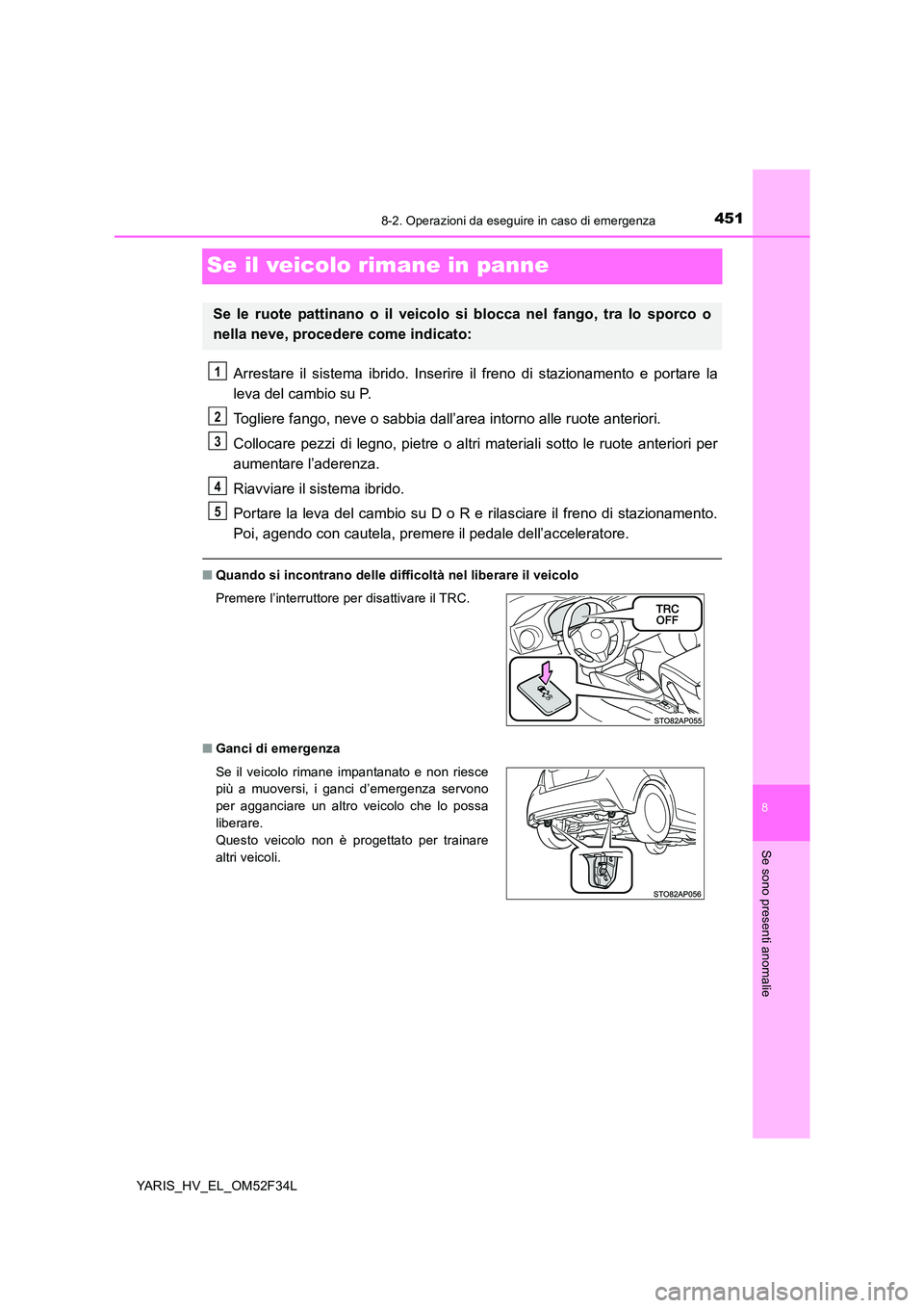 TOYOTA YARIS HYBRID 2015  Manuale duso (in Italian) 4518-2. Operazioni da eseguire in caso di emergenza
8
Se sono presenti anomalie
YARIS_HV_EL_OM52F34L
Se il veicolo rimane in panne
Arrestare il sistema ibrido. Inserire il freno di stazionamento e por