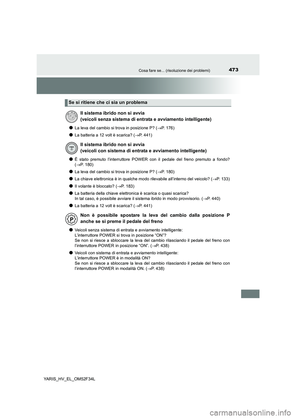 TOYOTA YARIS HYBRID 2015 Manuale duso (in Italian) 473Cosa fare se... (risoluzione dei problemi)
YARIS_HV_EL_OM52F34L
●La leva del cambio si trova in posizione P? (→P. 176)
●La batteria a 12 volt è scarica? (→P. 441)
●È stato premuto l’i TOYOTA YARIS HYBRID 2015 Manuale duso (in Italian) 473Cosa fare se... (risoluzione dei problemi)
YARIS_HV_EL_OM52F34L
●La leva del cambio si trova in posizione P? (→P. 176)
●La batteria a 12 volt è scarica? (→P. 441)
●È stato premuto l’i