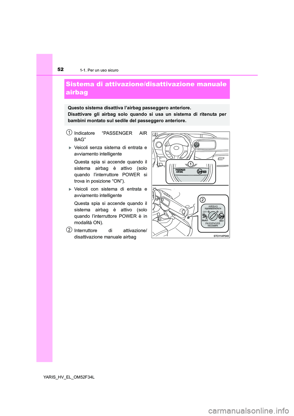 TOYOTA YARIS HYBRID 2015  Manuale duso (in Italian) 521-1. Per un uso sicuro
YARIS_HV_EL_OM52F34L
Sistema di attivazione/disattivazione manuale  
airbag
Indicatore “PASSENGER AIR 
BAG”
�XVeicoli senza sistema di entrata e 
avviamento intelligente 
