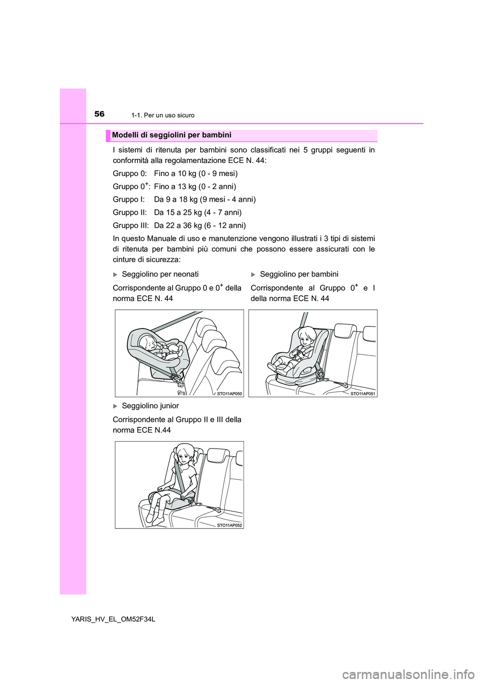 TOYOTA YARIS HYBRID 2015  Manuale duso (in Italian) 561-1. Per un uso sicuro
YARIS_HV_EL_OM52F34L
I sistemi di ritenuta per bambini sono classificati nei 5 gruppi seguenti in 
conformità alla regolamentazione ECE N. 44: 
Gruppo 0: Fino a 10 kg (0 - 9 