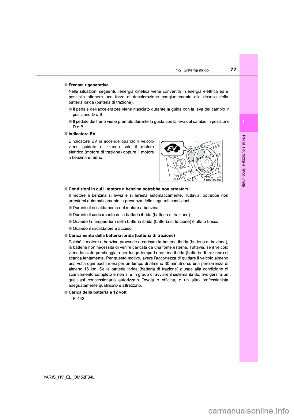 TOYOTA YARIS HYBRID 2015 Manuale duso (in Italian) 771-2. Sistema ibrido
1
Per la sicurezza e l’incolumità
YARIS_HV_EL_OM52F34L
■Frenata rigenerativa
Nelle situazioni seguenti, l’energia cinetica viene convertita in energia elettrica ed è
po TOYOTA YARIS HYBRID 2015 Manuale duso (in Italian) 771-2. Sistema ibrido
1
Per la sicurezza e l’incolumità
YARIS_HV_EL_OM52F34L
■Frenata rigenerativa
Nelle situazioni seguenti, l’energia cinetica viene convertita in energia elettrica ed è
po