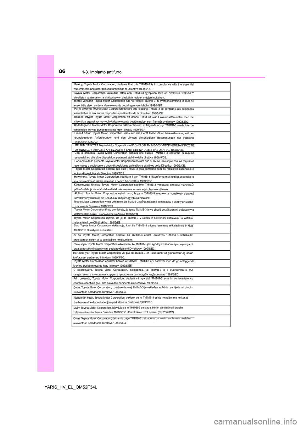 TOYOTA YARIS HYBRID 2015  Manuale duso (in Italian) 861-3. Impianto antifurto
YARIS_HV_EL_OM52F34L 