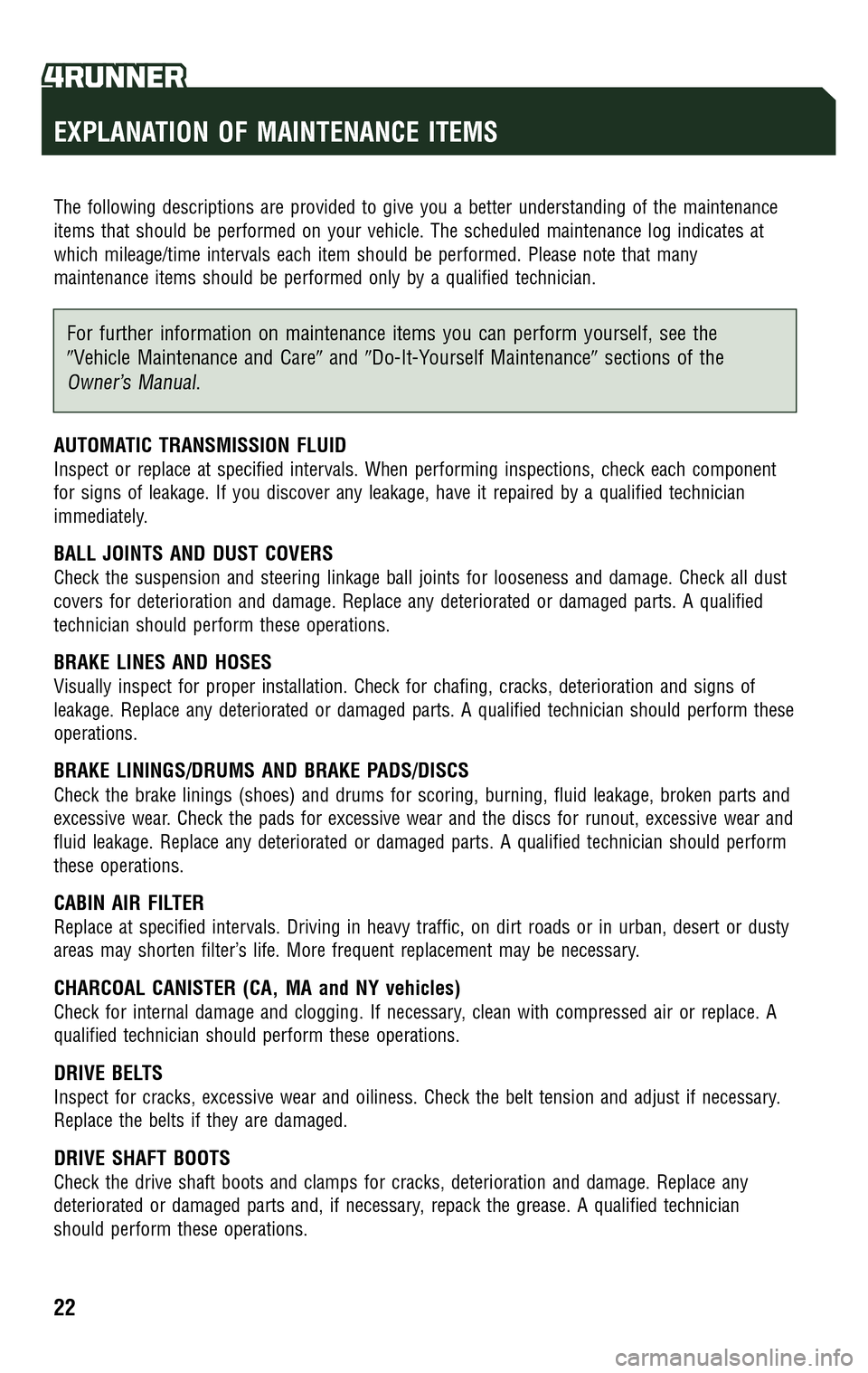 TOYOTA 4RUNNER 2009 N280 / 5.G Scheduled Maintenance Guide TOYOTA 4RUNNER 2009 N280 / 5.G Scheduled Maintenance Guide