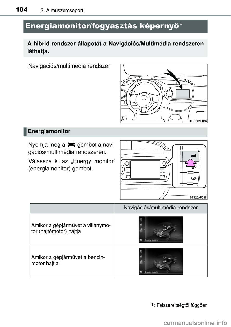 TOYOTA YARIS HYBRID 2015 Kezelési útmutató (in Hungarian) 1042. A műszercsoport
Energiamonitor/fogyasztás képernyő *
Navigációs/multimédia rendszer
Nyomja meg a gombot a navi-
gációs/multimédia rendszeren.
Válassza ki az „Energy monitor”
(en TOYOTA YARIS HYBRID 2015 Kezelési útmutató (in Hungarian) 1042. A műszercsoport
Energiamonitor/fogyasztás képernyő *
Navigációs/multimédia rendszer
Nyomja meg a gombot a navi-
gációs/multimédia rendszeren.
Válassza ki az „Energy monitor”
(en