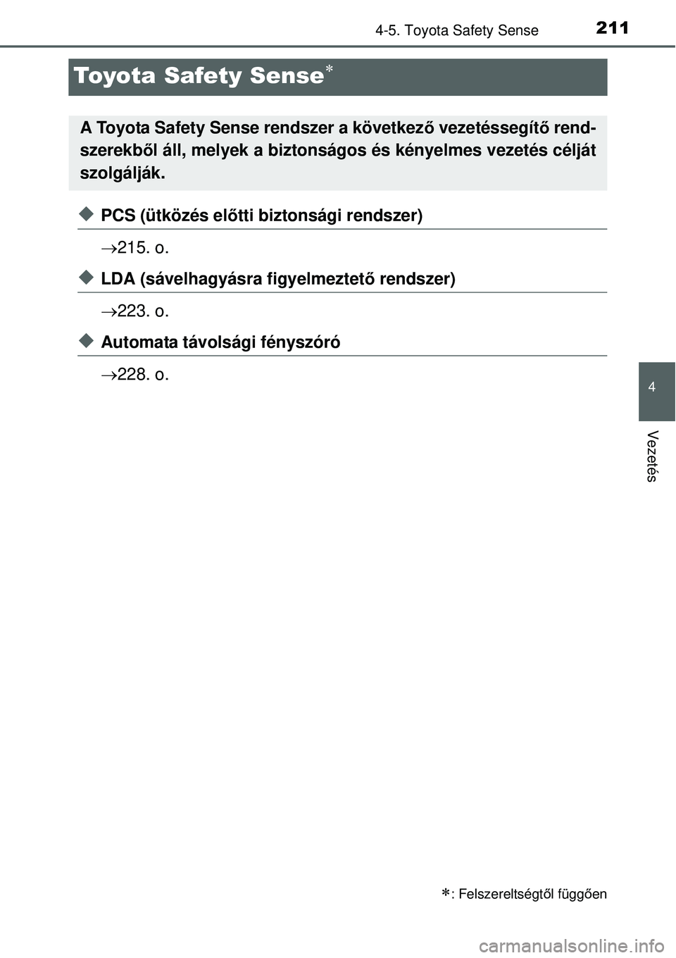 TOYOTA YARIS HYBRID 2015 Kezelési útmutató (in Hungarian) 211
4
4-5. Toyota Safety Sense
Vezetés
Toyota Safety Sense
PCS (ütközés előtti biztonsági rendszer)
215. o.
LDA (sávelhagyásra figyelmeztető rendszer)
223. o.
Automata tá TOYOTA YARIS HYBRID 2015 Kezelési útmutató (in Hungarian) 211
4
4-5. Toyota Safety Sense
Vezetés
Toyota Safety Sense
PCS (ütközés előtti biztonsági rendszer)
215. o.
LDA (sávelhagyásra figyelmeztető rendszer)
223. o.
Automata tá