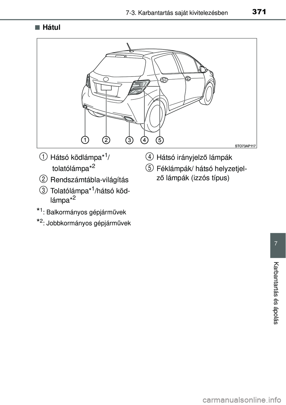 TOYOTA YARIS HYBRID 2015  Kezelési útmutató (in Hungarian) 3717-3. Karbantartás saját kivitelezésben
7
Karbantartás és ápolás
Hátul
*1: Balkormányos gépjárm űvek
*2: Jobbkormányos gépjármű vek
Hátsó ködlámpa*1/
 tolatólámpa*
2
Rendsz