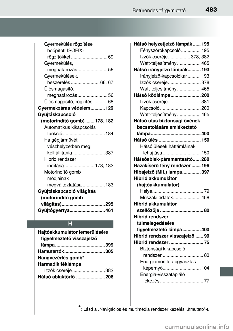 TOYOTA YARIS HYBRID 2015  Kezelési útmutató (in Hungarian) 483Betűrendes tárgymutató
Gyermekülés rögzítése 
beépített ISOFIX-
rögzít őkkel ............................ 69
Gyermekülés,  meghatározás . ...................... 56
Gyermekülések,