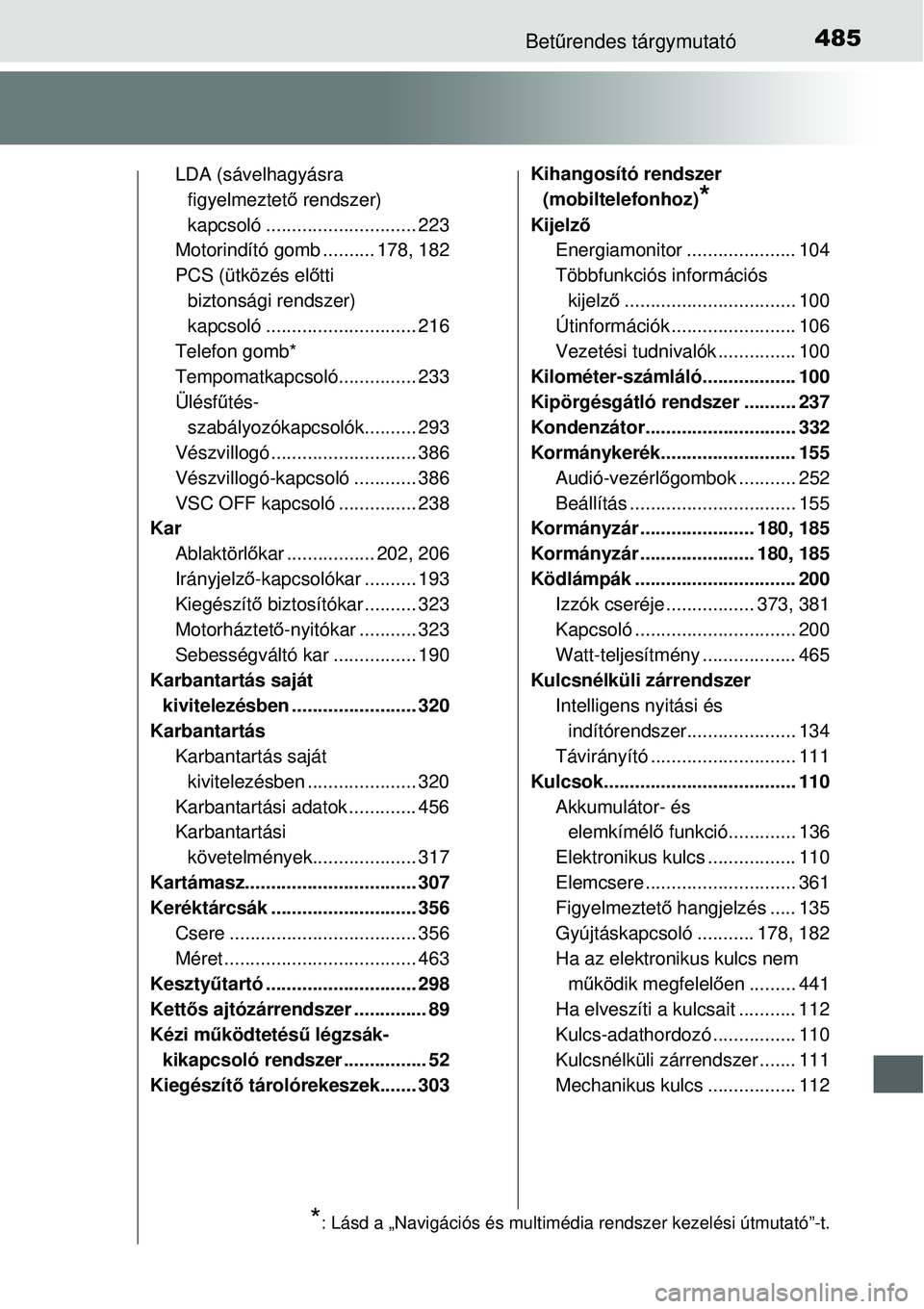 TOYOTA YARIS HYBRID 2015  Kezelési útmutató (in Hungarian) 485Betűrendes tárgymutató
LDA (sávelhagyásra 
figyelmeztet ő rendszer) 
kapcsoló ......... .................... 223
Motorindító gomb .......... 178, 182
PCS (ütközés el őtti 
biztonsági 