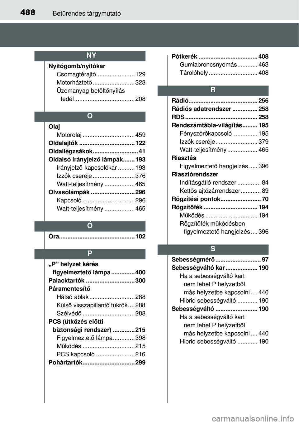 TOYOTA YARIS HYBRID 2015  Kezelési útmutató (in Hungarian) 488Betűrendes tárgymutató
Nyitógomb/nyitókar
Csomagtérajtó....................... 129
Motorháztet ő......................... 323
Üzemanyag-betölt őnyílás 
fedél ........................