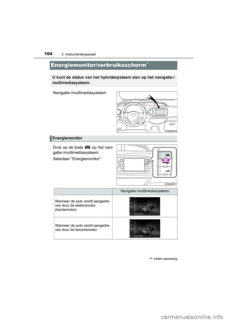 TOYOTA YARIS HYBRID 2015  Instructieboekje (in Dutch) 1042. Instrumentenpaneel
YARIS_HV_EE_OM52F30E
Energiemonitor/verbruiksscherm
Navigatie-/multimediasysteem
Druk op de toets   op het navi-
gatie-/multimediasysteem.
Selecteer “Energiemonitor”.
