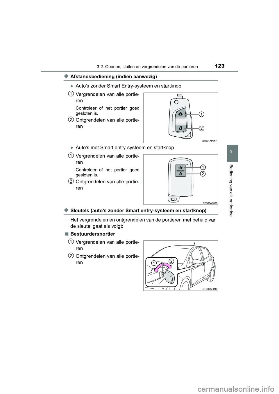 TOYOTA YARIS HYBRID 2015  Instructieboekje (in Dutch) 1233-2. Openen, sluiten en vergrendelen van de portieren
3
Bediening van elk onderdeel
YARIS_HV_EE_OM52F30E
◆Afstandsbediening (indien aanwezig)
Autos zonder Smart Entry-systeem en startknop
Ver