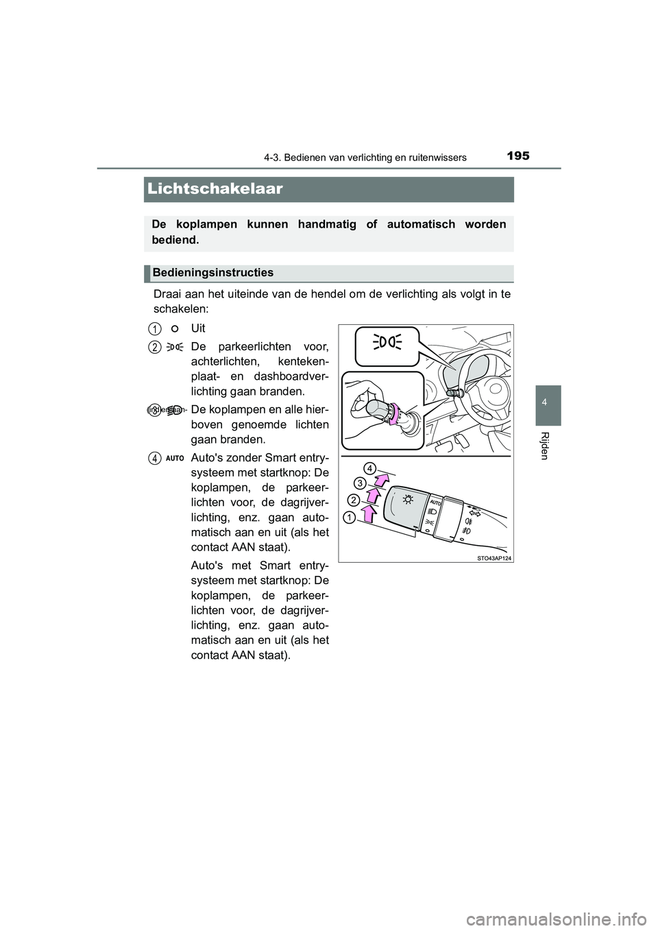 TOYOTA YARIS HYBRID 2015  Instructieboekje (in Dutch) 195
4
4-3. Bedienen van verlichting en ruitenwissers
Rijden
YARIS_HV_EE_OM52F30E
Lichtschakelaar
Draai aan het uiteinde van de hendel om de verlichting als volgt in te
schakelen:Uit
De parkeerlichten 