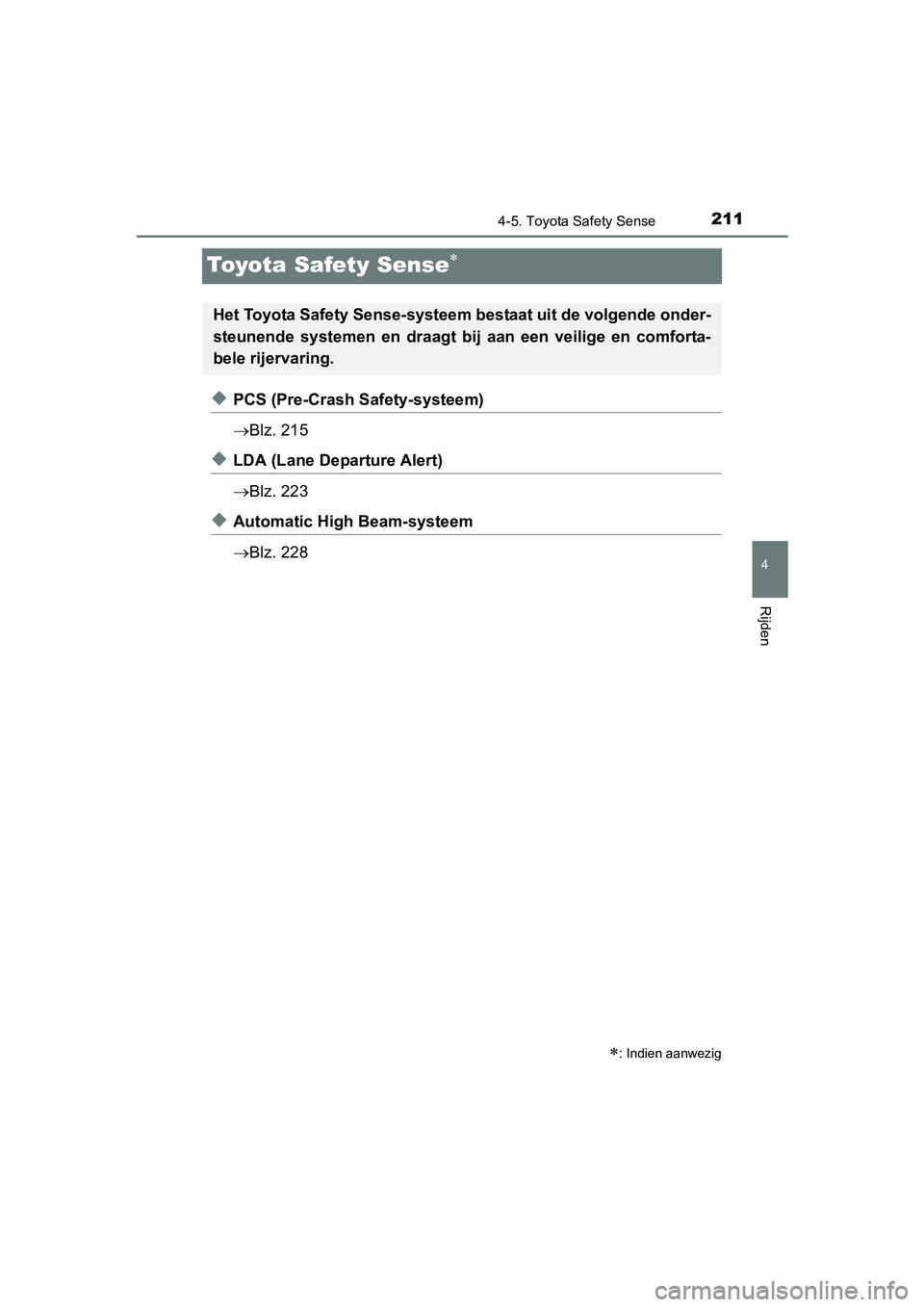 TOYOTA YARIS HYBRID 2015  Instructieboekje (in Dutch) 211
4
4-5. Toyota Safety Sense
Rijden
YARIS_HV_EE_OM52F30E
Toyota Safety Sense
◆PCS (Pre-Crash Safety-systeem)
Blz. 215
◆LDA (Lane Departure Alert)
Blz. 223
◆Automatic High Beam-systeem