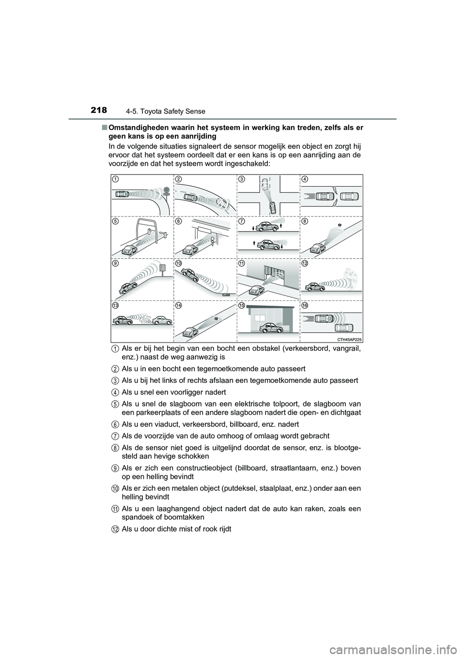 TOYOTA YARIS HYBRID 2015  Instructieboekje (in Dutch) 2184-5. Toyota Safety Sense
YARIS_HV_EE_OM52F30E■
Omstandigheden waarin het systeem in  werking kan treden, zelfs als er
geen kans is op een aanrijding
In de volgende situaties signaleert de sensor 