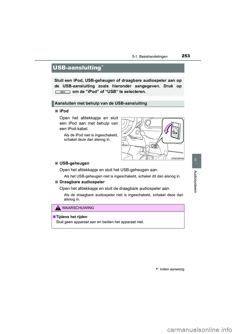 TOYOTA YARIS HYBRID 2015  Instructieboekje (in Dutch) 253
5
5-1. Basishandelingen
Audiosysteem
YARIS_HV_EE_OM52F30E
USB-aansluiting
■iPod
Open het afdekkapje en sluit
een iPod aan met behulp van
een iPod-kabel.
Als de iPod niet is ingeschakeld,
scha