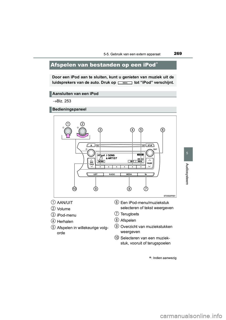 TOYOTA YARIS HYBRID 2015  Instructieboekje (in Dutch) 269
5
5-5. Gebruik van een extern apparaat
Audiosysteem
YARIS_HV_EE_OM52F30E
Afspelen van bestanden op een iPod
Blz. 253
: Indien aanwezig
Door een iPod aan te sluiten, k unt u genieten van m