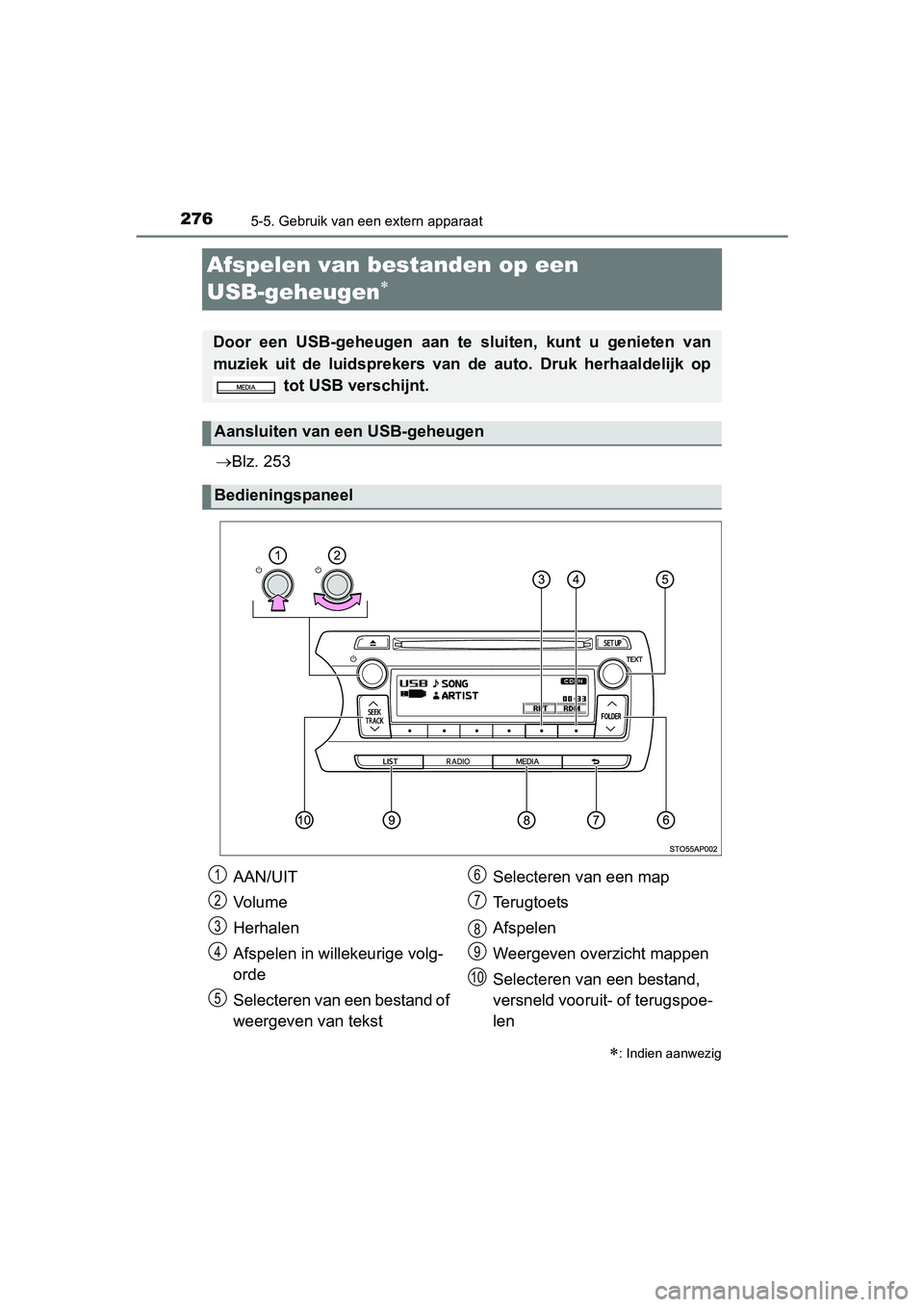 TOYOTA YARIS HYBRID 2015  Instructieboekje (in Dutch) 2765-5. Gebruik van een extern apparaat
YARIS_HV_EE_OM52F30E
Afspelen van bestanden op een 
USB-geheuge
n
Blz. 253
: Indien aanwezig
Door een USB-geheugen aan te  sluiten, kunt u genieten van