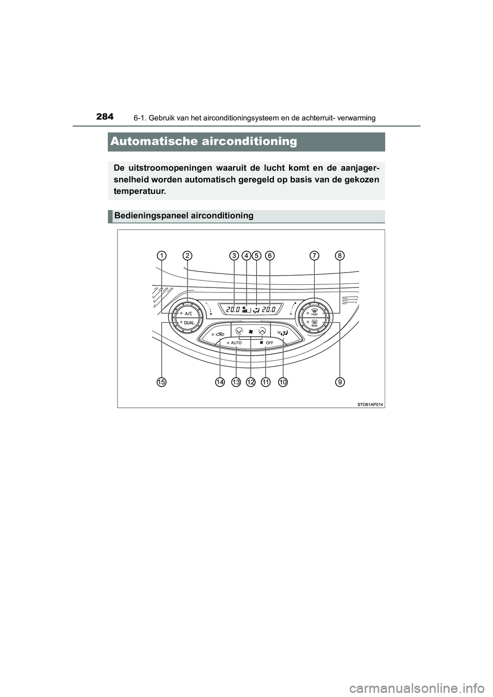 TOYOTA YARIS HYBRID 2015  Instructieboekje (in Dutch) 2846-1. Gebruik van het airconditioningsysteem en de achterruit- verwarming
YARIS_HV_EE_OM52F30E
Automatische airconditioning
De uitstroomopeningen waaruit de lucht komt en de aanjager-
snelheid worde