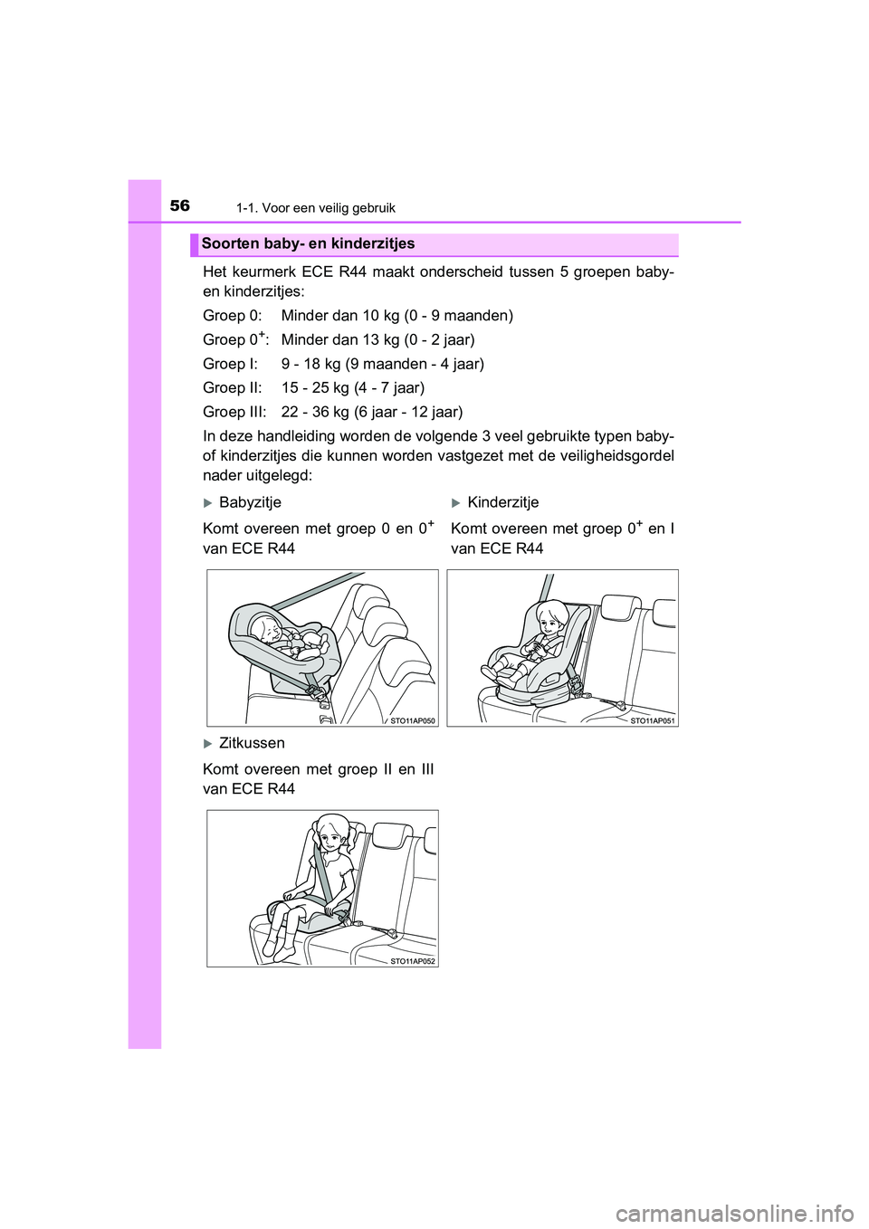 TOYOTA YARIS HYBRID 2015 Instructieboekje (in Dutch) 561-1. Voor een veilig gebruik
YARIS_HV_EE_OM52F30E
Het keurmerk ECE R44 maakt onderscheid tussen 5 groepen baby-
en kinderzitjes:
Groep 0: Minder dan 10 kg (0 - 9 maanden)
Groep 0
+: Minder dan 13 kg TOYOTA YARIS HYBRID 2015 Instructieboekje (in Dutch) 561-1. Voor een veilig gebruik
YARIS_HV_EE_OM52F30E
Het keurmerk ECE R44 maakt onderscheid tussen 5 groepen baby-
en kinderzitjes:
Groep 0: Minder dan 10 kg (0 - 9 maanden)
Groep 0
+: Minder dan 13 kg