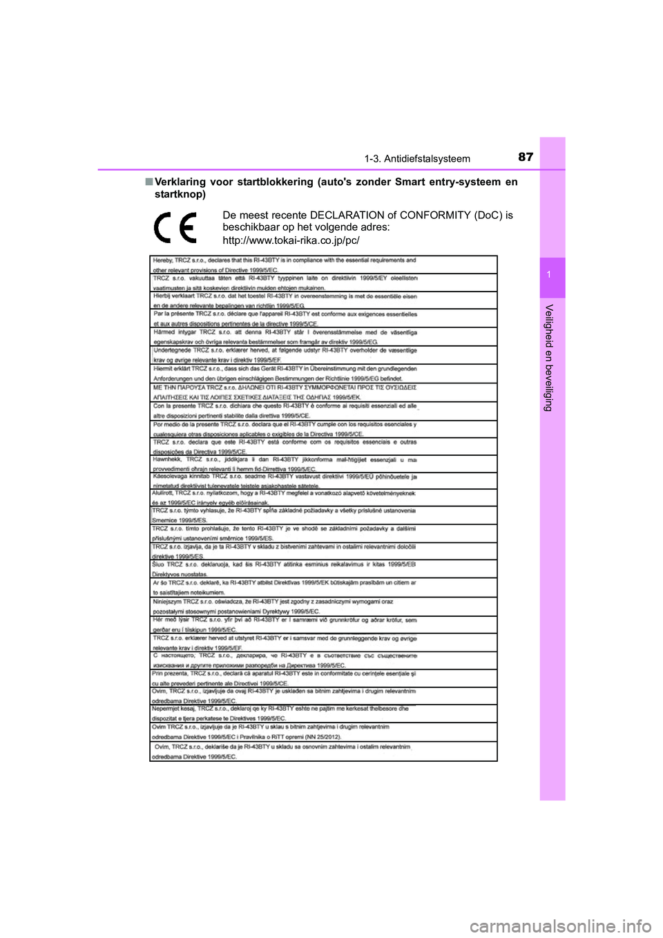 TOYOTA YARIS HYBRID 2015  Instructieboekje (in Dutch) 871-3. Antidiefstalsysteem
1
Veiligheid en beveiliging
YARIS_HV_EE_OM52F30E■
Verklaring voor startblokkering (a utos zonder Smart entry-systeem en
startknop)
De meest recente DECLARATION of CONFORM