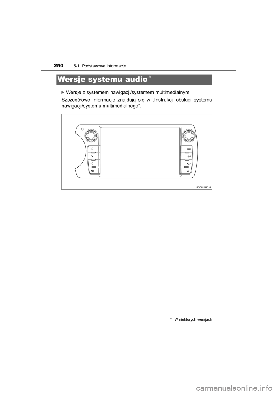 TOYOTA YARIS HYBRID 2015  Instrukcja obsługi (in Polish) óWersje z systemem nawigacji/systemem multimedialnym
Szczegó∏owe  informacje  znajdujà  si´  w „Instrukcji  obs∏ugi  systemu 
nawigacji/systemu multimedialnego”.
2505-1. Podstawowe informa