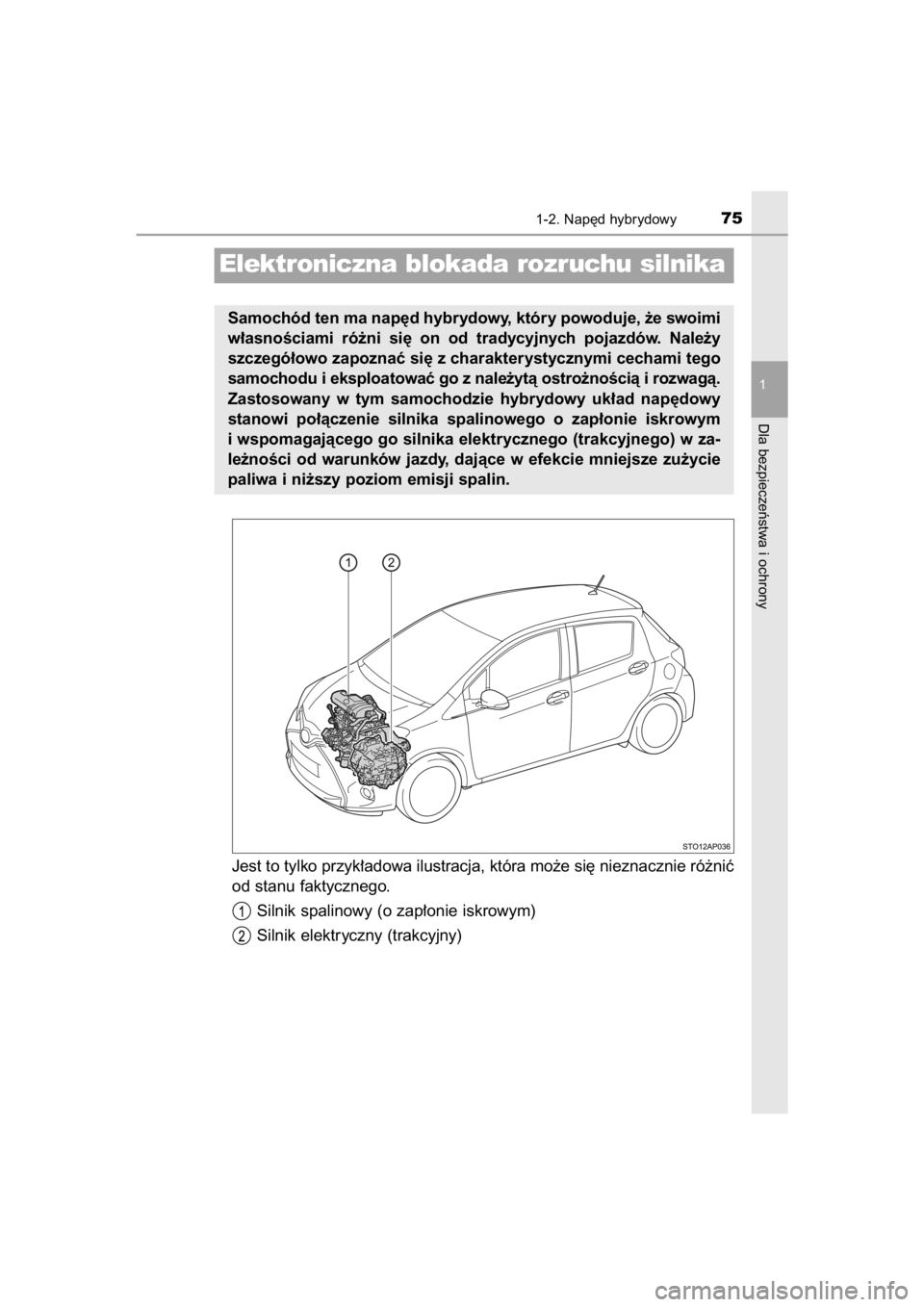 TOYOTA YARIS HYBRID 2015  Instrukcja obsługi (in Polish) Jest to tylko przyk∏adowa ilustracja, która mo˝e si´ nieznacznie ró˝niç
od stanu faktycznego.
Silnik spalinowy (o zap∏onie iskrowym)
Silnik elektryczny (trakcyjny)
1-2. Nap´d hybrydowy75
1
