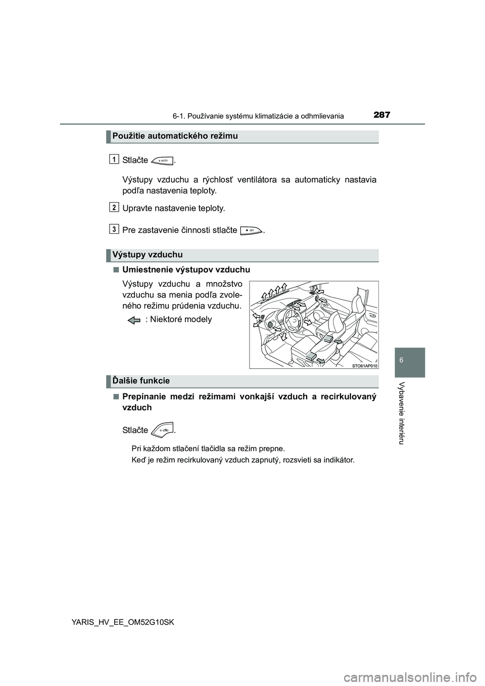 TOYOTA YARIS HYBRID 2015 Návod na použitie (in Slovakian) 2876-1. Používanie systému klimatizácie a odhmlievania
6
Vybavenie interiéru
YARIS_HV_EE_OM52G10SK
St l ačte .
Výstupy vzduchu a rýchlosť ventilátora sa automaticky nastavia
podľa nastaveni TOYOTA YARIS HYBRID 2015 Návod na použitie (in Slovakian) 2876-1. Používanie systému klimatizácie a odhmlievania
6
Vybavenie interiéru
YARIS_HV_EE_OM52G10SK
St l ačte .
Výstupy vzduchu a rýchlosť ventilátora sa automaticky nastavia
podľa nastaveni