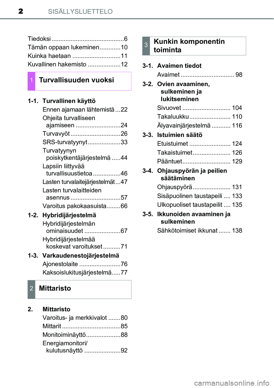 TOYOTA YARIS HYBRID 2015 Omistajan Käsikirja (in Finnish) SISÄLLYSLUETTELO2
Tiedoksi ..........................................6
Tämän oppaan lukeminen ............10
Kuinka haetaan ............................11
Kuvallinen hakemisto ...................12 TOYOTA YARIS HYBRID 2015 Omistajan Käsikirja (in Finnish) SISÄLLYSLUETTELO2
Tiedoksi ..........................................6
Tämän oppaan lukeminen ............10
Kuinka haetaan ............................11
Kuvallinen hakemisto ...................12