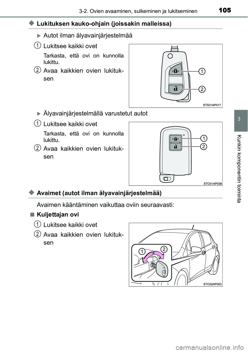 TOYOTA YARIS HYBRID 2015  Omistajan Käsikirja (in Finnish) 1053-2. Ovien avaaminen, sulkeminen ja lukitseminen
3
Kunkin komponentin toiminta
◆Lukituksen kauko-ohjain (joissakin malleissa)
�XAutot ilman älyavainjärjestelmää
Lukitsee kaikki ovet
Tarkasta,