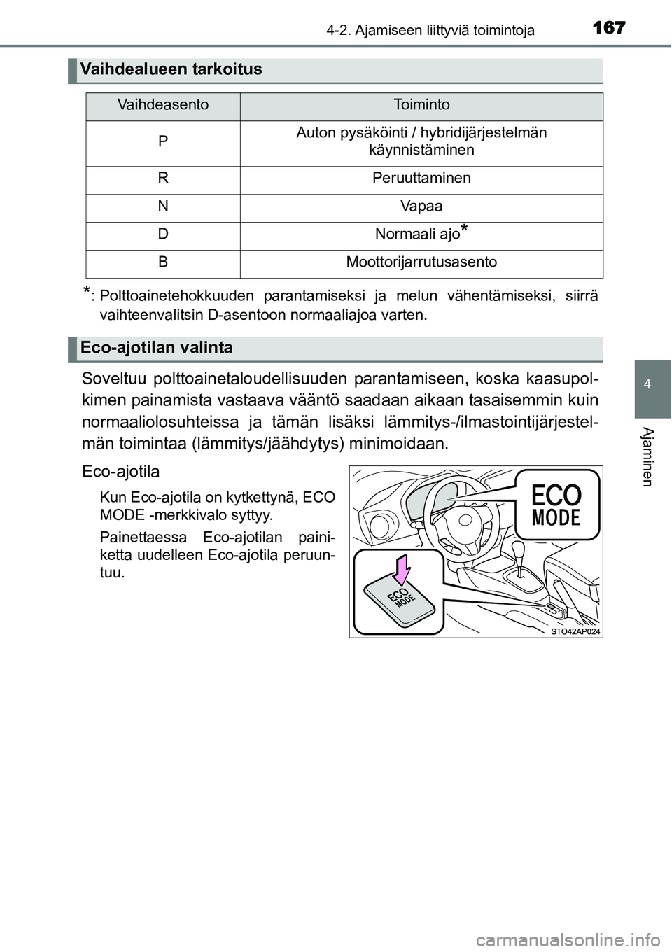 TOYOTA YARIS HYBRID 2015  Omistajan Käsikirja (in Finnish) 1674-2. Ajamiseen liittyviä toimintoja
4
Ajaminen
*: Polttoainetehokkuuden parantamiseksi ja melun vähentämiseksi, siirrä
vaihteenvalitsin D-asentoon normaaliajoa varten.
Soveltuu polttoainetaloud