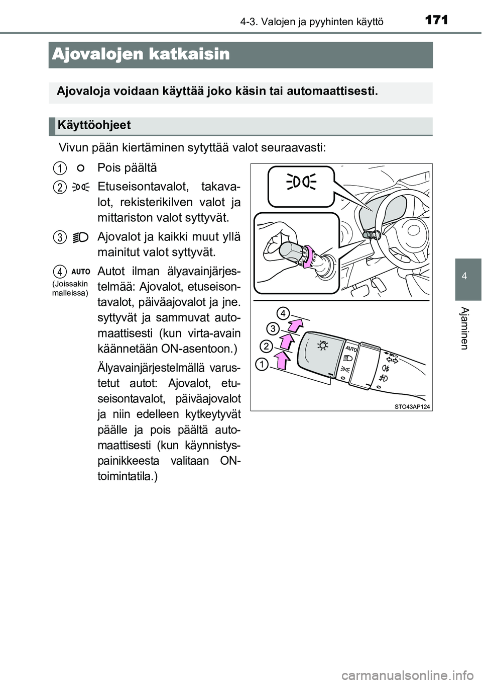 TOYOTA YARIS HYBRID 2015 Omistajan Käsikirja (in Finnish) 171
4
4-3. Valojen ja pyyhinten käyttö
Ajaminen
Ajovalojen katkaisin
Vivun pään kiertäminen sytyttää valot seuraavasti:
Pois päältä
Etuseisontavalot, takava-
lot, rekisterikilven valot ja
mi TOYOTA YARIS HYBRID 2015 Omistajan Käsikirja (in Finnish) 171
4
4-3. Valojen ja pyyhinten käyttö
Ajaminen
Ajovalojen katkaisin
Vivun pään kiertäminen sytyttää valot seuraavasti:
Pois päältä
Etuseisontavalot, takava-
lot, rekisterikilven valot ja
mi