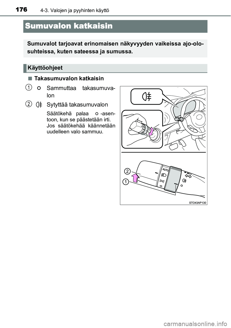 TOYOTA YARIS HYBRID 2015  Omistajan Käsikirja (in Finnish) 1764-3. Valojen ja pyyhinten käyttö
Sumuvalon katkaisin
■Takasumuvalon katkaisin
Sammuttaa takasumuva-
lon
Sytyttää takasumuvalon
Säätökehä palaa  -asen-
toon, kun se päästetään irti. 
J