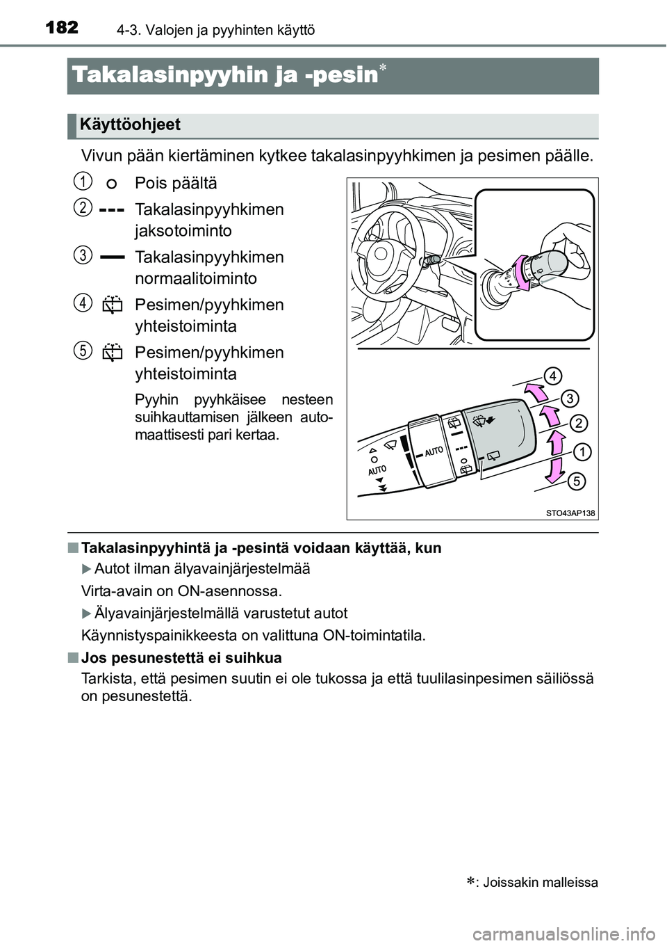 TOYOTA YARIS HYBRID 2015 Omistajan Käsikirja (in Finnish) 1824-3. Valojen ja pyyhinten käyttö
Takalasinpyyhin ja -pesin∗
Vivun pään kiertäminen kytkee takalasinpyyhkimen ja pesimen päälle.
Pois päältä
Takalasinpyyhkimen
jaksotoiminto
Takalasinpyy TOYOTA YARIS HYBRID 2015 Omistajan Käsikirja (in Finnish) 1824-3. Valojen ja pyyhinten käyttö
Takalasinpyyhin ja -pesin∗
Vivun pään kiertäminen kytkee takalasinpyyhkimen ja pesimen päälle.
Pois päältä
Takalasinpyyhkimen
jaksotoiminto
Takalasinpyy