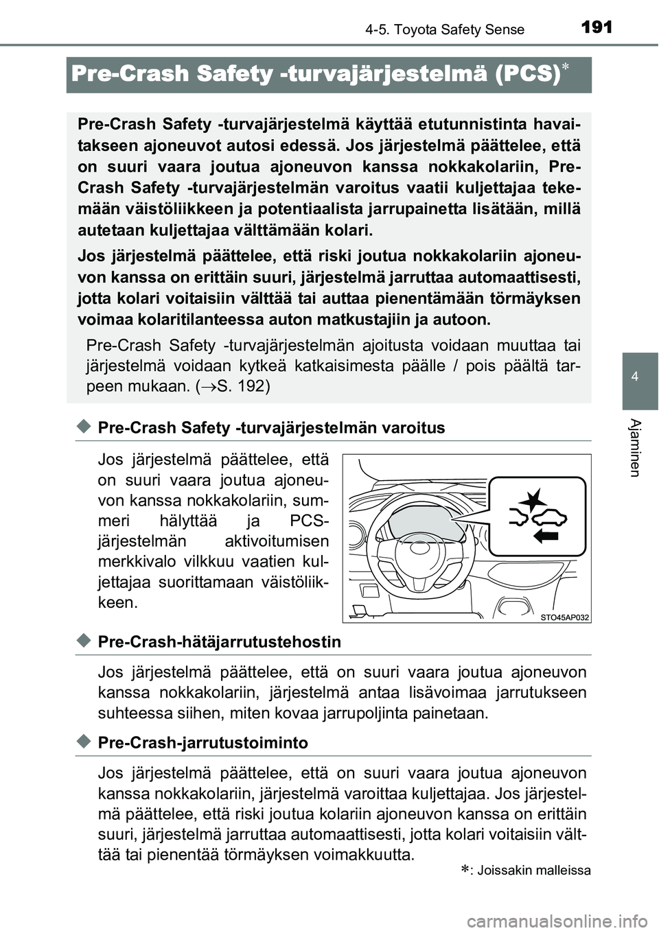 TOYOTA YARIS HYBRID 2015 Omistajan Käsikirja (in Finnish) 191
4
4-5. Toyota Safety Sense
Ajaminen
Pre-Crash Safety -tur vajärjestelmä (PCS)∗
◆Pre-Crash Safety -turvajärjestelmän varoitus
Jos järjestelmä päättelee, että
on suuri vaara joutua ajon TOYOTA YARIS HYBRID 2015 Omistajan Käsikirja (in Finnish) 191
4
4-5. Toyota Safety Sense
Ajaminen
Pre-Crash Safety -tur vajärjestelmä (PCS)∗
◆Pre-Crash Safety -turvajärjestelmän varoitus
Jos järjestelmä päättelee, että
on suuri vaara joutua ajon