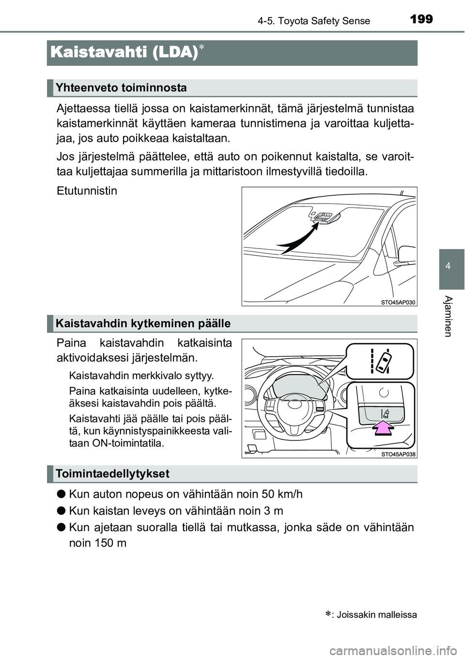 TOYOTA YARIS HYBRID 2015 Omistajan Käsikirja (in Finnish) 199
4
4-5. Toyota Safety Sense
Ajaminen
Kaistavahti (LDA)∗
Ajettaessa tiellä jossa on kaistamerkinnät, tämä järjestelmä tunnistaa
kaistamerkinnät käyttäen kameraa tunnistimena ja varoittaa TOYOTA YARIS HYBRID 2015 Omistajan Käsikirja (in Finnish) 199
4
4-5. Toyota Safety Sense
Ajaminen
Kaistavahti (LDA)∗
Ajettaessa tiellä jossa on kaistamerkinnät, tämä järjestelmä tunnistaa
kaistamerkinnät käyttäen kameraa tunnistimena ja varoittaa