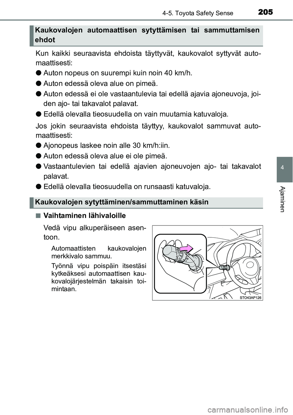 TOYOTA YARIS HYBRID 2015 Omistajan Käsikirja (in Finnish) 2054-5. Toyota Safety Sense
4
Ajaminen
Kun kaikki seuraavista ehdoista täyttyvät, kaukovalot syttyvät auto-
maattisesti:
●Auton nopeus on suurempi kuin noin 40 km/h.
●Auton edessä oleva alue o TOYOTA YARIS HYBRID 2015 Omistajan Käsikirja (in Finnish) 2054-5. Toyota Safety Sense
4
Ajaminen
Kun kaikki seuraavista ehdoista täyttyvät, kaukovalot syttyvät auto-
maattisesti:
●Auton nopeus on suurempi kuin noin 40 km/h.
●Auton edessä oleva alue o