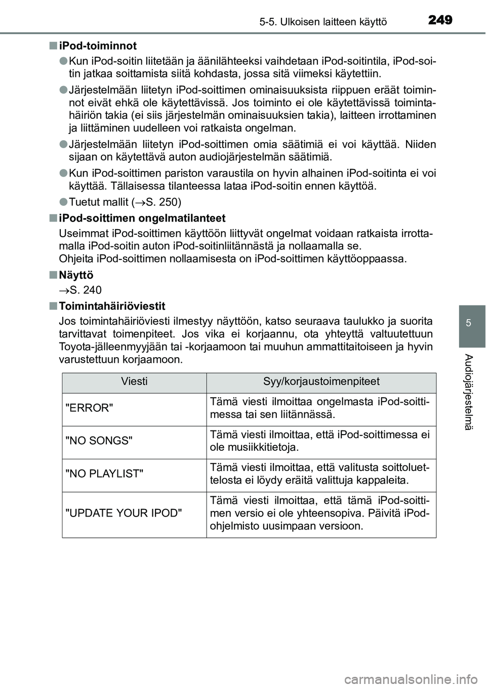 TOYOTA YARIS HYBRID 2015 Omistajan Käsikirja (in Finnish) 2495-5. Ulkoisen laitteen käyttö
5
Audiojärjestelmä
■iPod-toiminnot
●Kun iPod-soitin liitetään ja äänilähteeksi vaihdetaan iPod-soitintila, iPod-soi-
tin jatkaa soittamista siitä kohdast TOYOTA YARIS HYBRID 2015 Omistajan Käsikirja (in Finnish) 2495-5. Ulkoisen laitteen käyttö
5
Audiojärjestelmä
■iPod-toiminnot
●Kun iPod-soitin liitetään ja äänilähteeksi vaihdetaan iPod-soitintila, iPod-soi-
tin jatkaa soittamista siitä kohdast