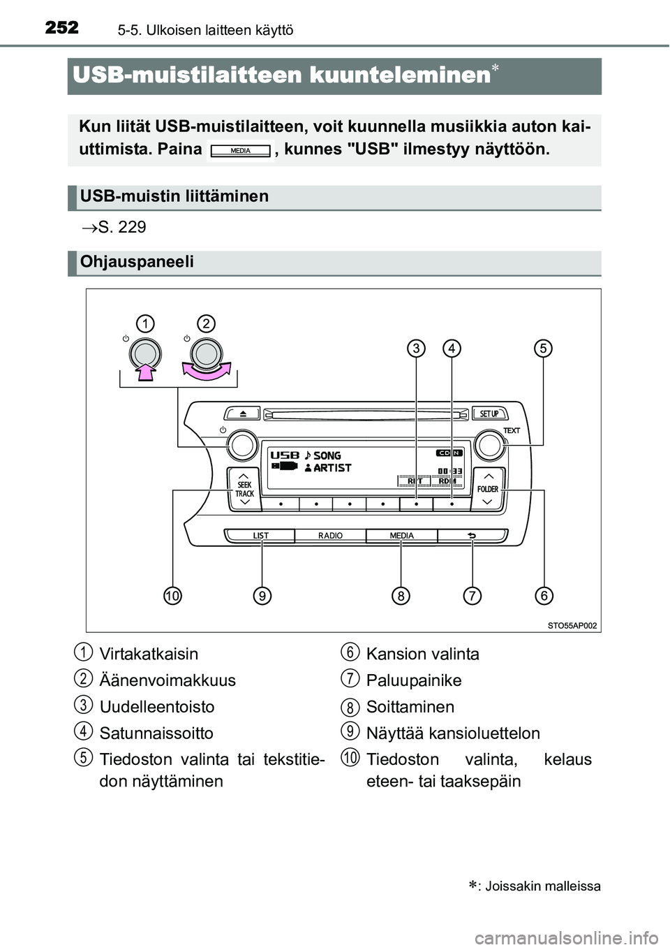 TOYOTA YARIS HYBRID 2015 Omistajan Käsikirja (in Finnish) 2525-5. Ulkoisen laitteen käyttö
USB-muistilaitteen kuunteleminen∗
→S. 229
∗: Joissakin malleissa
Kun liität USB-muistilaitteen, voit kuunnella musiikkia auton kai-
uttimista. Paina , kunnes TOYOTA YARIS HYBRID 2015 Omistajan Käsikirja (in Finnish) 2525-5. Ulkoisen laitteen käyttö
USB-muistilaitteen kuunteleminen∗
→S. 229
∗: Joissakin malleissa
Kun liität USB-muistilaitteen, voit kuunnella musiikkia auton kai-
uttimista. Paina , kunnes