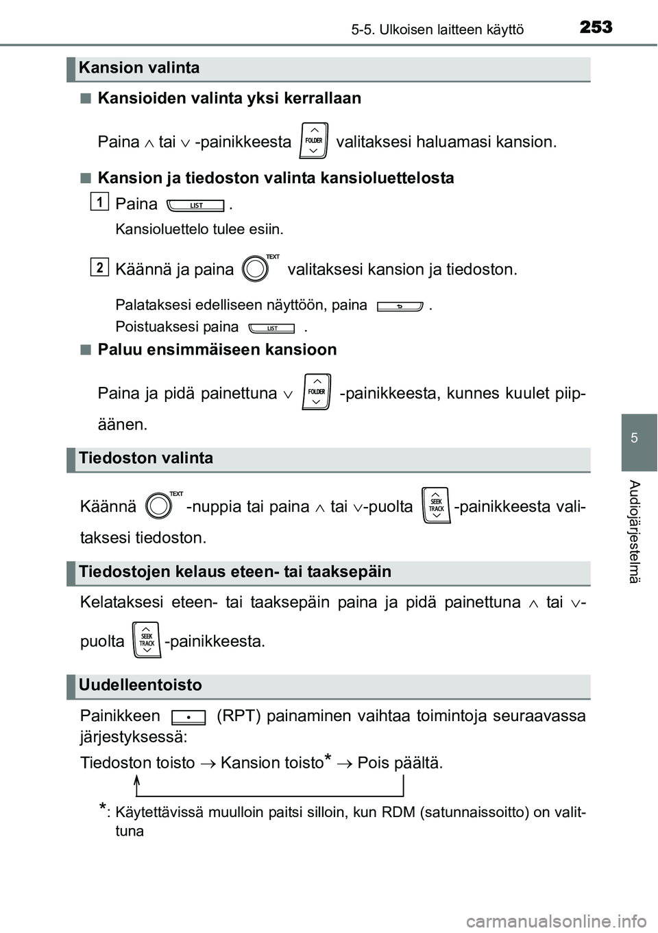 TOYOTA YARIS HYBRID 2015  Omistajan Käsikirja (in Finnish) 2535-5. Ulkoisen laitteen käyttö
5
Audiojärjestelmä
■Kansioiden valinta yksi kerrallaan
Paina ∧ tai ∨ -painikkeesta   valitaksesi haluamasi kansion.
■Kansion ja tiedoston valinta kansiolue