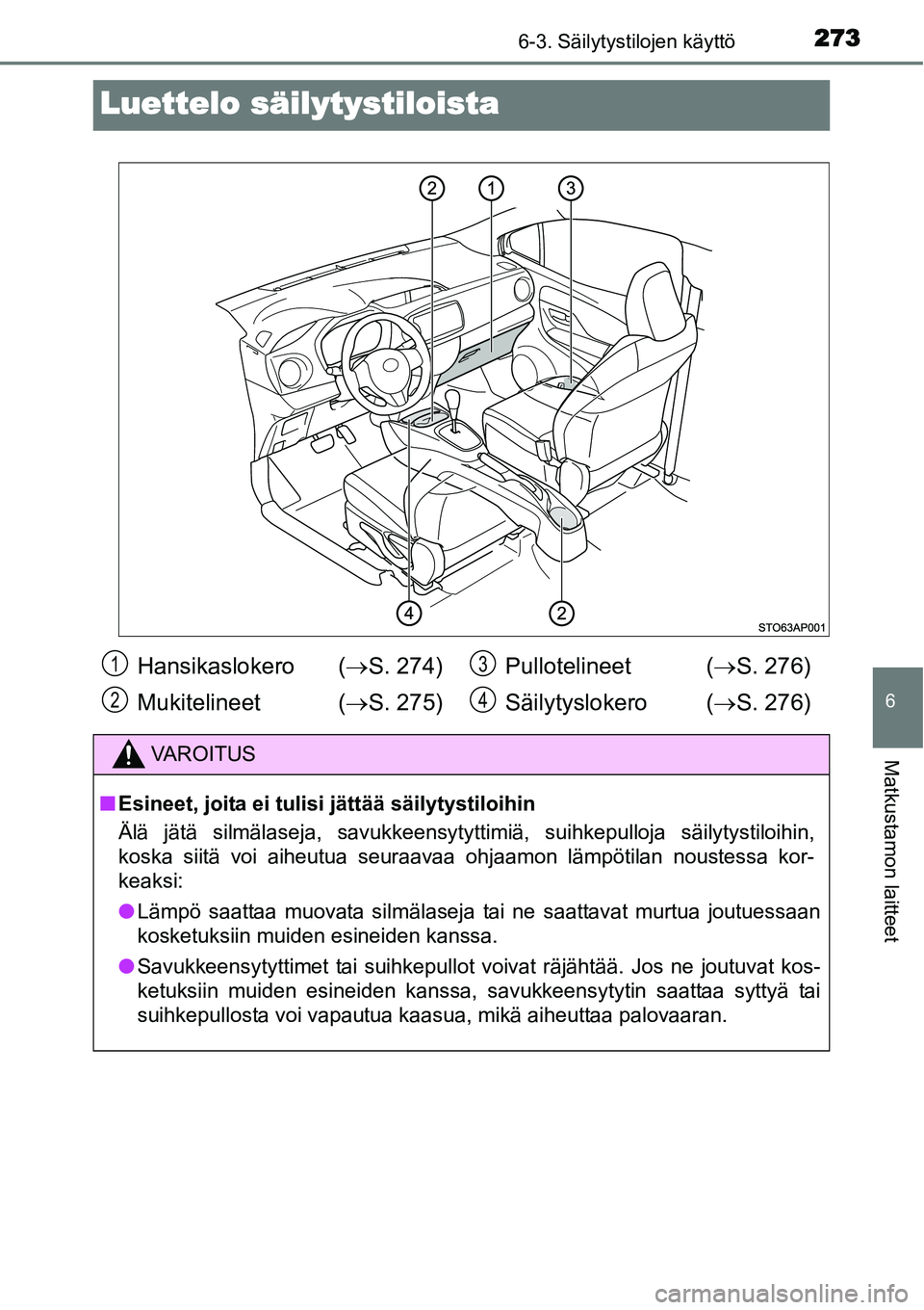 TOYOTA YARIS HYBRID 2015  Omistajan Käsikirja (in Finnish) 2736-3. Säilytystilojen käyttö
6
Matkustamon laitteet
Luettelo säilytystiloista
Hansikaslokero  (→S. 274)
Mukitelineet (→S. 275)Pullotelineet (→S. 276)
Säilytyslokero (→S. 276)
VAROITUS

