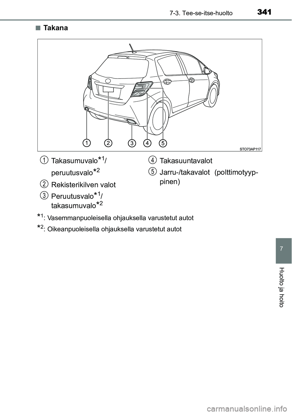TOYOTA YARIS HYBRID 2015  Omistajan Käsikirja (in Finnish) 3417-3. Tee-se-itse-huolto
7
Huolto ja hoito
■Ta k a n a
*1: Vasemmanpuoleisella ohjauksella varustetut autot
*2: Oikeanpuoleisella ohjauksella varustetut autot
Takasumuvalo*1/
peruutusvalo
*2
Rekis