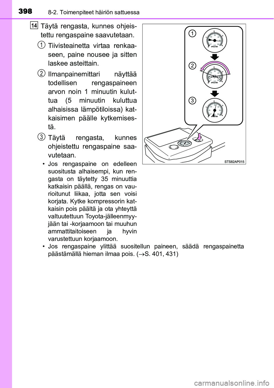 TOYOTA YARIS HYBRID 2015  Omistajan Käsikirja (in Finnish) 3988-2. Toimenpiteet häiriön sattuessa
Täytä rengasta, kunnes ohjeis-
tettu rengaspaine saavutetaan.
Tiivisteainetta virtaa renkaa-
seen, paine nousee ja sitten
laskee asteittain.
Ilmanpainemittar
