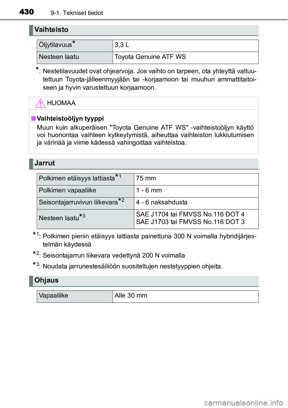 TOYOTA YARIS HYBRID 2015  Omistajan Käsikirja (in Finnish) 4309-1. Tekniset tiedot
*: Nestetilavuudet ovat ohjearvoja. Jos vaihto on tarpeen, ota yhteyttä valtuu-
tettuun Toyota-jälleenmyyjään tai -korjaamoon tai muuhun ammattitaitoi-
seen ja hyvin varust