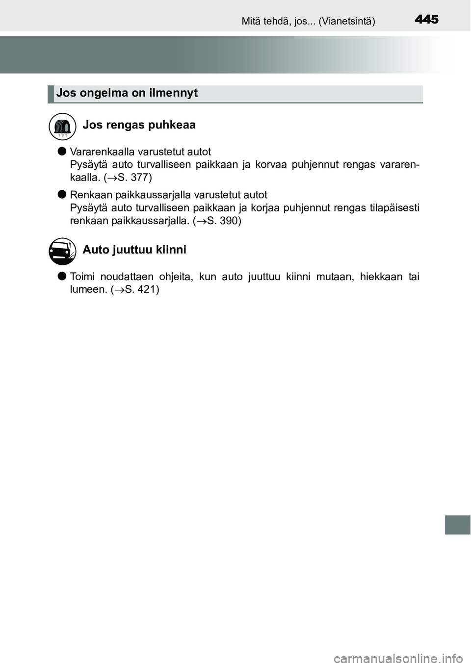 TOYOTA YARIS HYBRID 2015  Omistajan Käsikirja (in Finnish) 445Mitä tehdä, jos... (Vianetsintä)
●Vararenkaalla varustetut autot 
Pysäytä auto turvalliseen paikkaan ja korvaa puhjennut rengas vararen-
kaalla. (→S. 377)
●Renkaan paikkaussarjalla varus