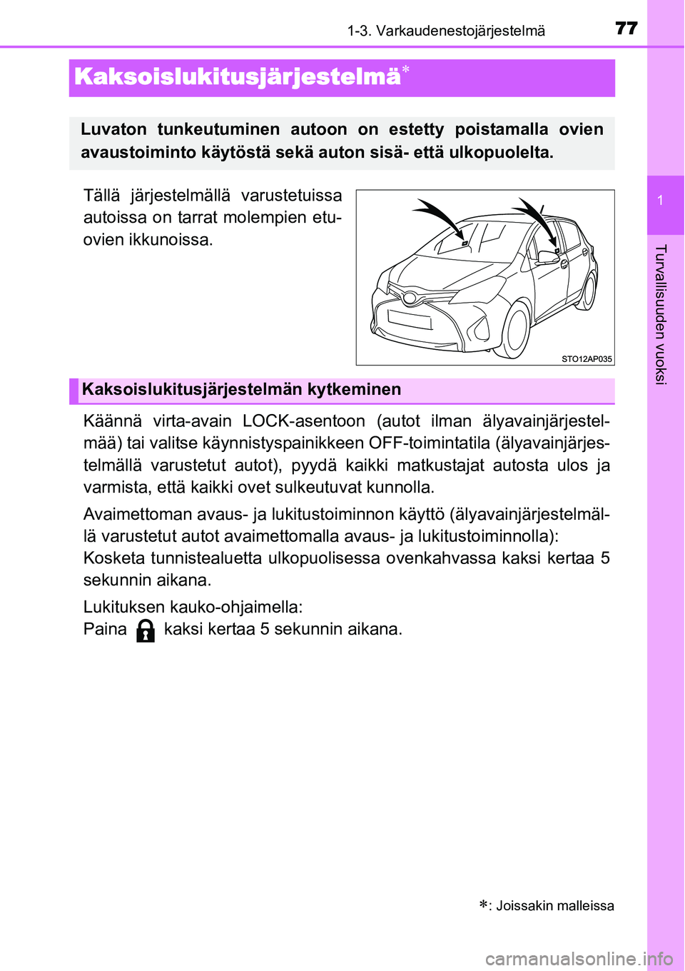TOYOTA YARIS HYBRID 2015  Omistajan Käsikirja (in Finnish) 77
1
1-3. Varkaudenestojärjestelmä
Turvallisuuden vuoksi
Kaksoislukitusjärjestelmä∗
Tällä järjestelmällä varustetuissa
autoissa on tarrat molempien etu-
ovien ikkunoissa.
Käännä virta-av