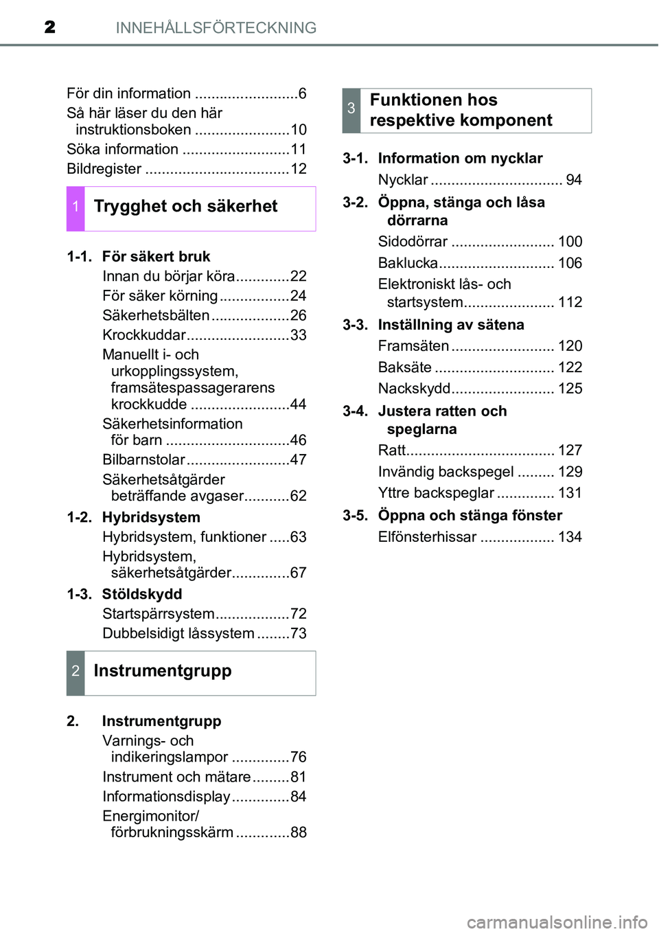 TOYOTA YARIS HYBRID 2015  Bruksanvisningar (in Swedish) INNEHÅLLSFÖRTECKNING2
För din information .........................6
Så här läser du den här 
instruktionsboken .......................10
Söka information ..........................11
Bildregi